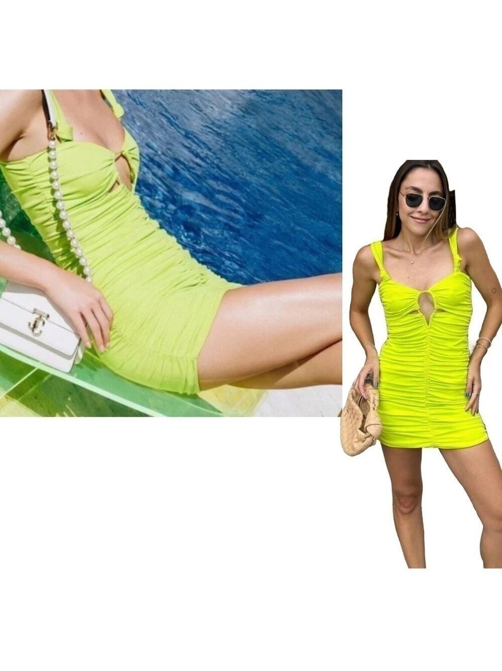 Zara lime green ruched draped sleeveless cut-out bodycon mini dress thick straps